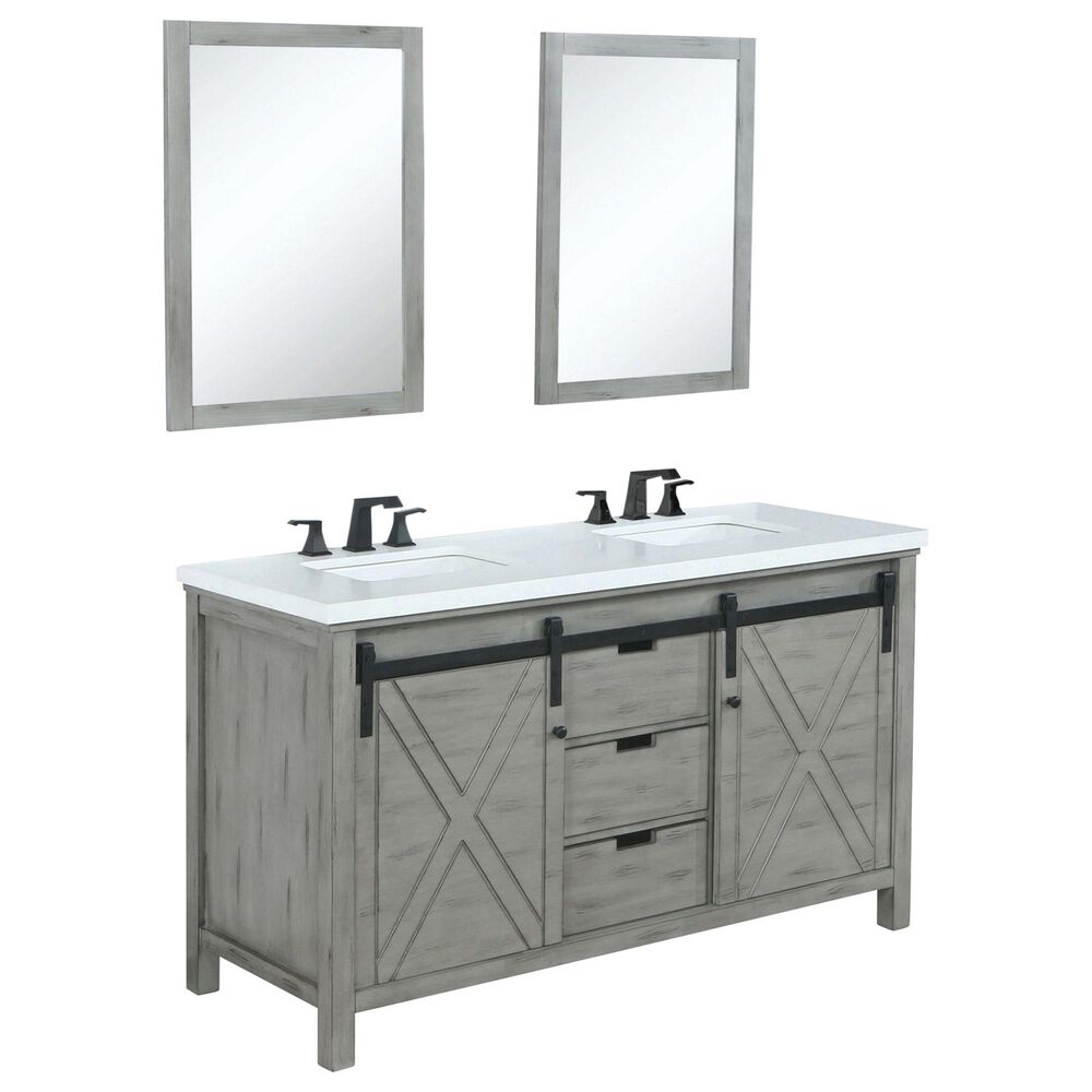 Lexora Home Marsyas 60" Double Bathroom Vanity in Ash Grey with White Quartz Top, Rectangle Sinks, Matte Black Faucets and Mirrors, , large