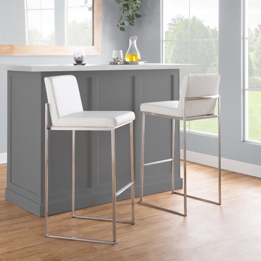Lumisource Fuji High Back Barstool with White Faux Leather in Stainless Steel &#40;Set of 2&#41;, , large