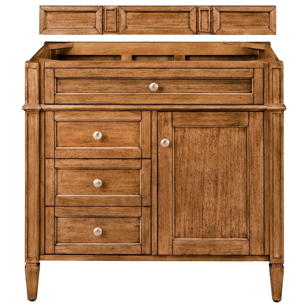 James Martin Vanities Brittany 36&quot; Single Bathroom Vanity in Saddle Brown with Single Hole 3 cm White Zeus Quartz Top and Rectangular Sink, , large