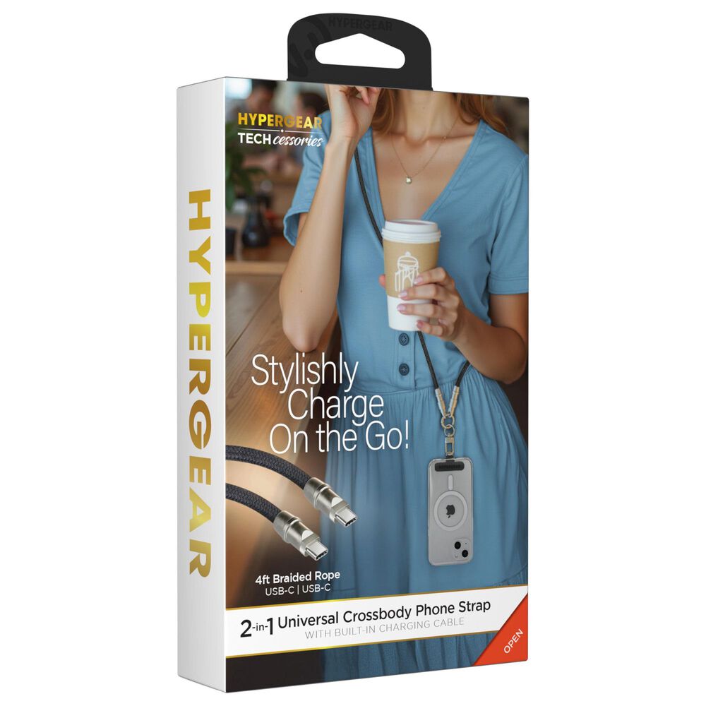 Hypercel 2-in-1 Universal Crossbody Phone Strap and Charging Cable in Black, , large