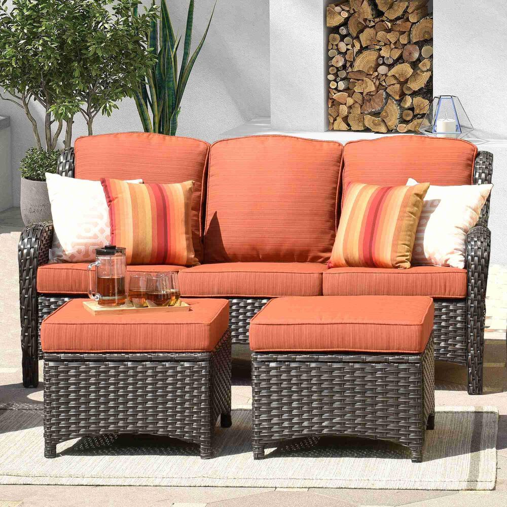 HOMLUX 3-Piece 72" Patio Sofa and Ottoman Set with Brown Wicker in Orange, , large