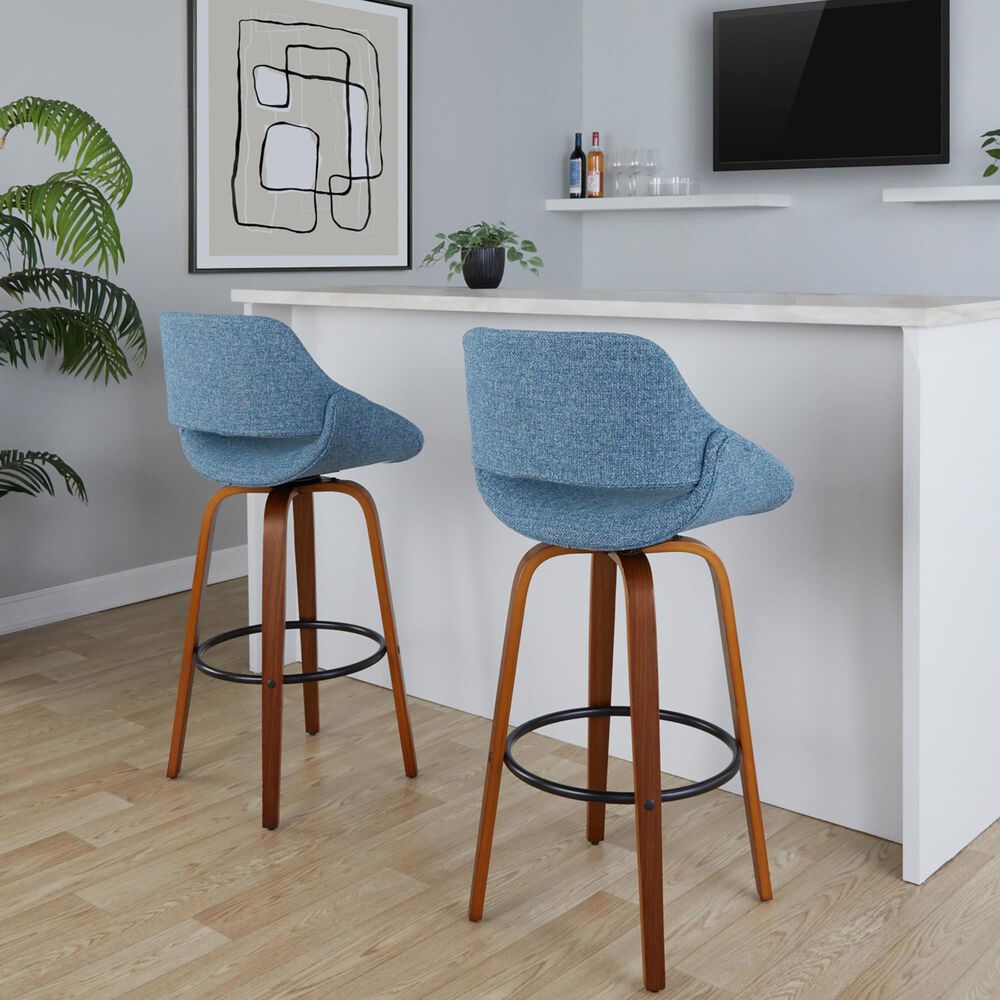 LumiSource Fabrico 30" Swivel Fixed-Height Bar Stool with Blue Noise Fabric Upholstery in Black and Walnut (Set of 2), , large