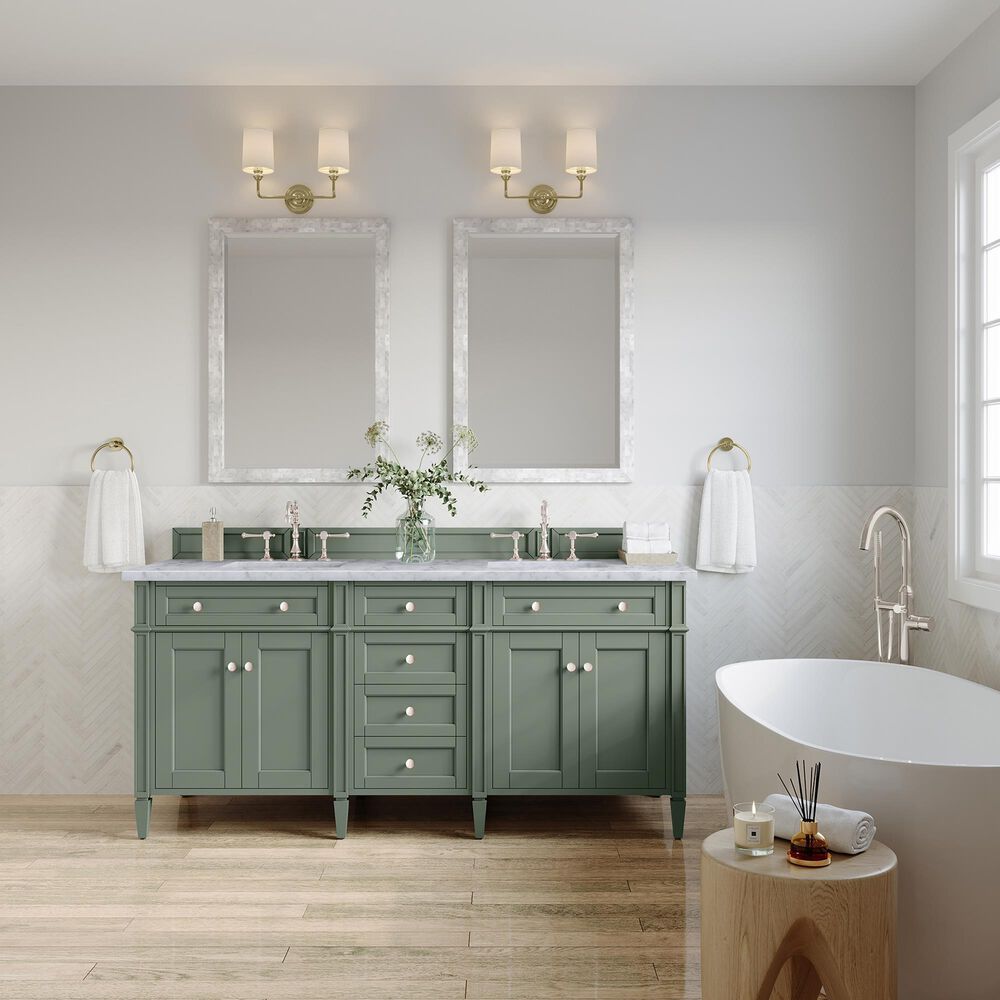 James Martin Vanities Brittany 72&quot; Double Bathroom Vanity in Smokey Celadon with 3 cm Carrara White Marble Top and Rectangular Sinks, , large