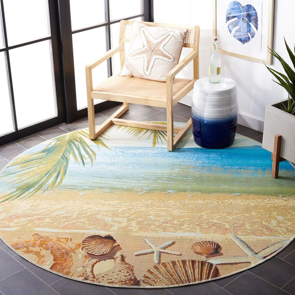 Safavieh Barbados Tropical Beach Seashell 5&#39;3&quot; Round Gold and Blue Indoor/Outdoor Area Rug, , large