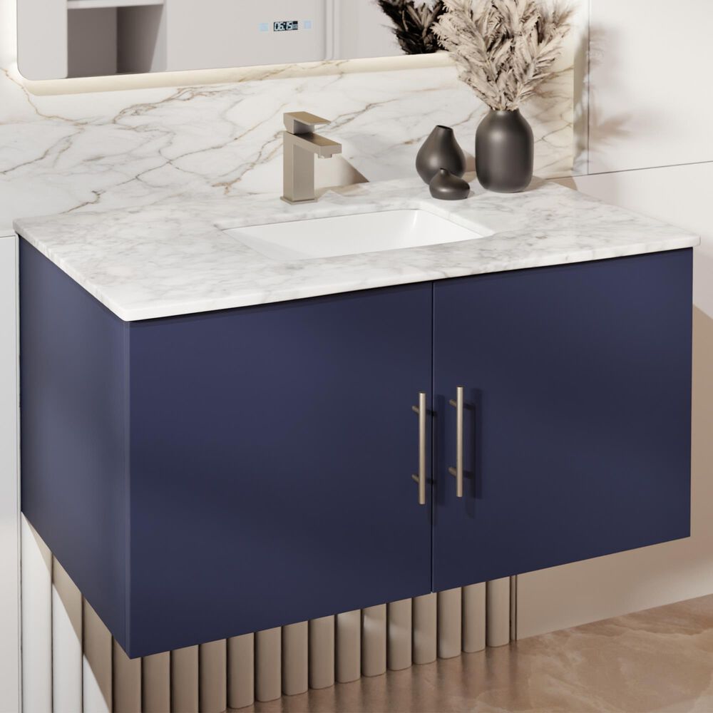 Lexora Home Geneva 36" Single Bathroom Vanity in Navy Blue with 2 cm White Carrara Marble Top and Rectangular Sink, , large