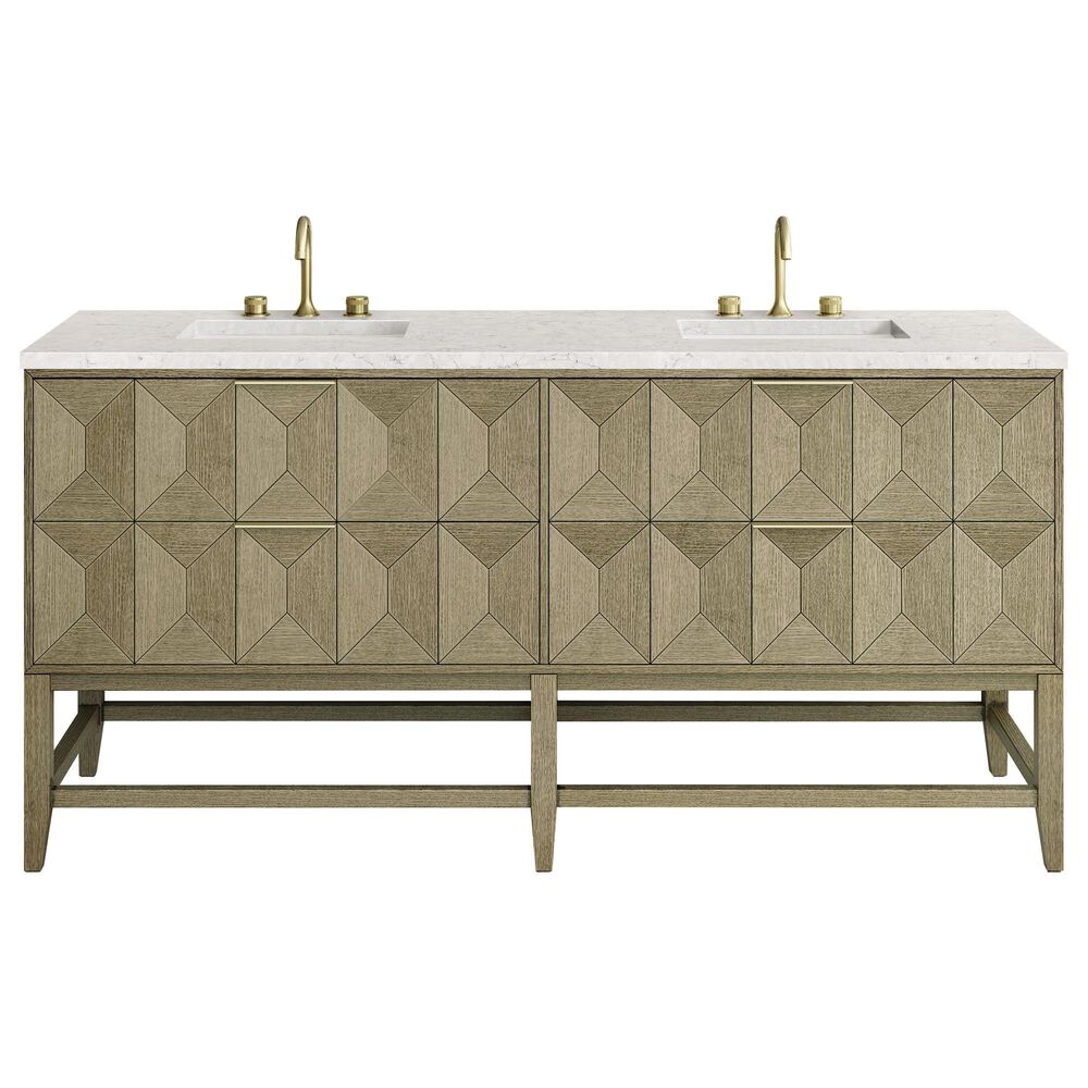 James Martin Vanities Emmeline 72" Double Bathroom Vanity in Pebble Oak with 3 cm Eternal Jasmine Pearl Quartz Top and Rectangular Sinks, , large