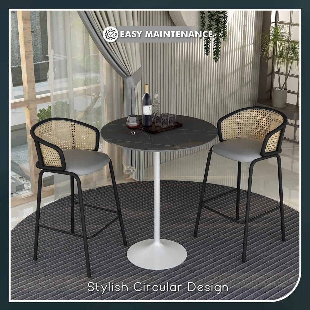 Leisuremod LeisureMod Verve Collection Modern Bar Height Table White Base with 36 Round Black Marbelized Sintered Stone Top, , large