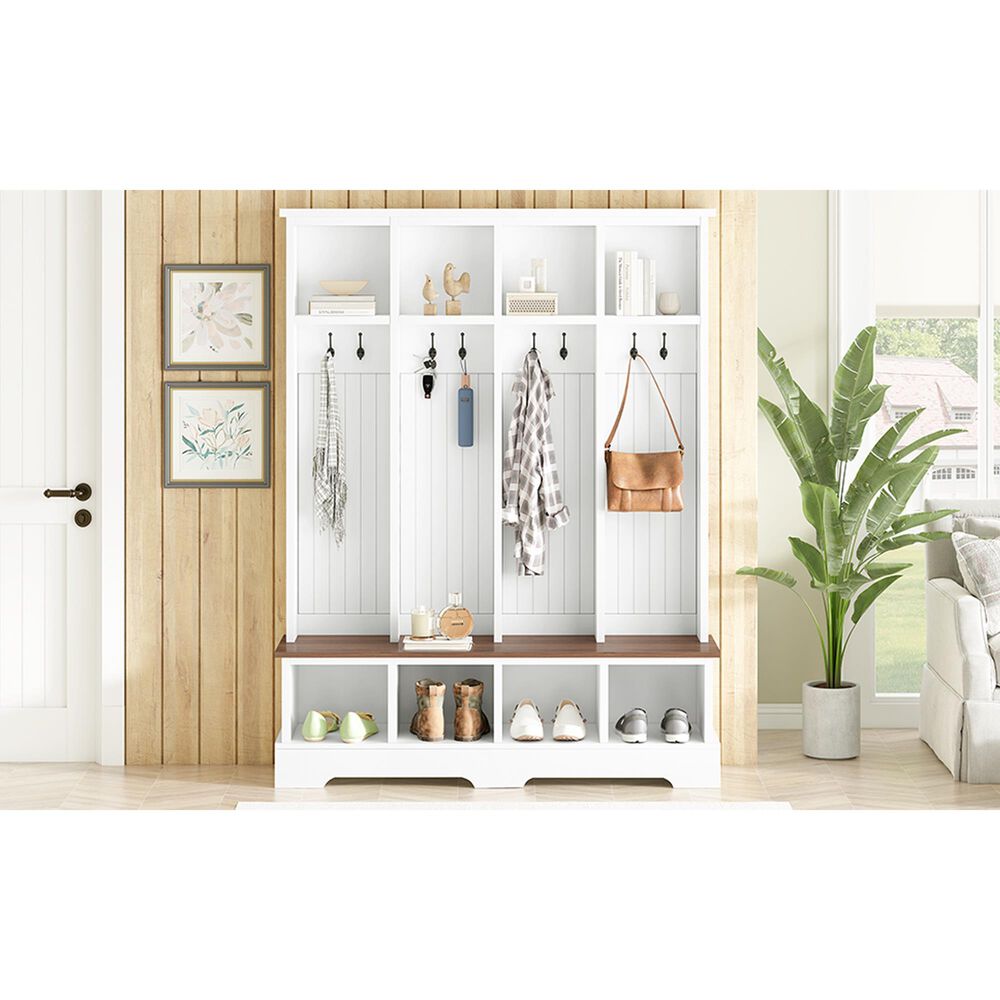 HOMLUX 8-Hook Hall Tree with Entryway Bench in White and Walnut, , large