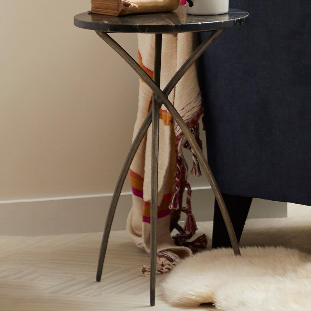 Accentric Approach Iron Side Table with Marble Top and Brass Inlay, , large