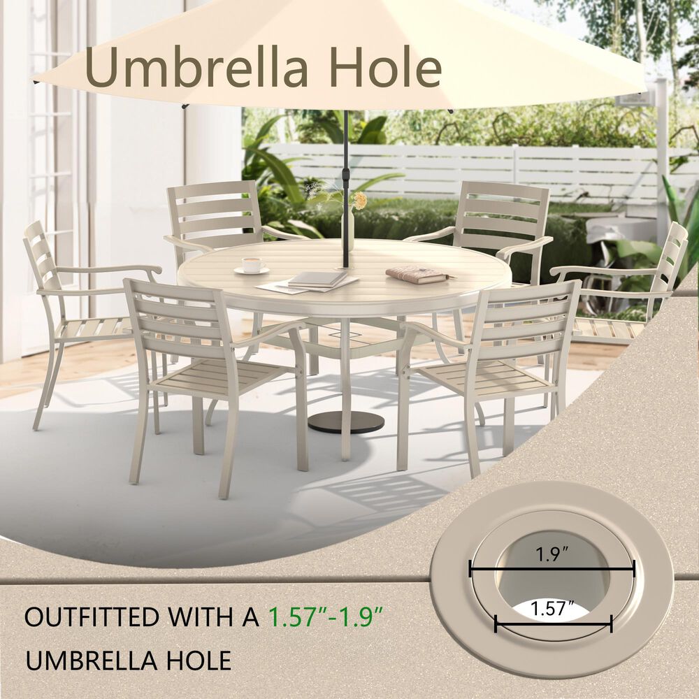 Hearth and Haven 7-Piece Outdoor Metal Dining Set with Stackable Chairs and Round Slatted Table in Sandstone, , large