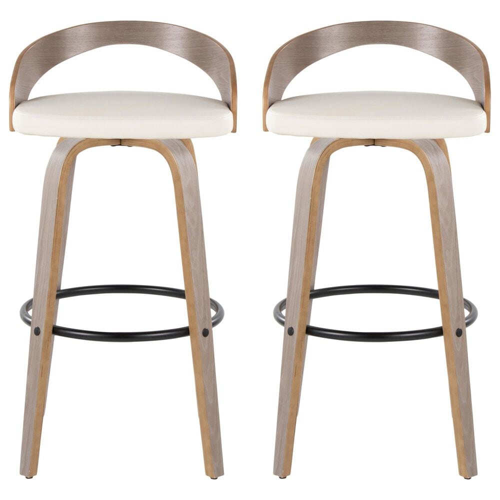 LumiSource Grotto 30" Swivel Barstool with White Faux Leather Upholstery in Light Grey and Black (Set of 2), , large