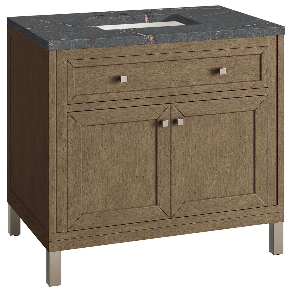 James Martin Vanities Chicago 36" Single Bathroom Vanity in Whitewashed Walnut with 3 cm Parisien Bleu Quartz Top and Rectangular Sink, , large
