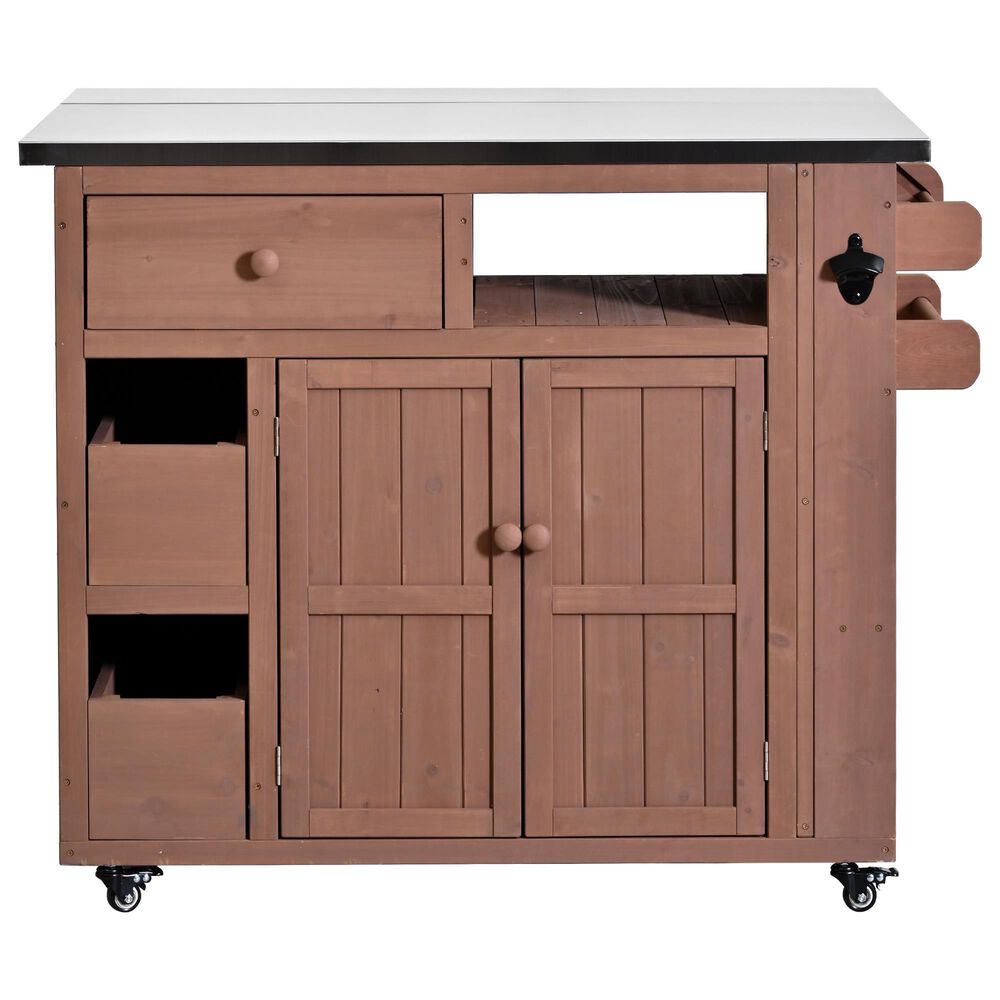 Hearth and Haven Outdoor Kitchen Island Cart with Extendable Stainless Steel Top and Adjustable Shelf in Brown, , large