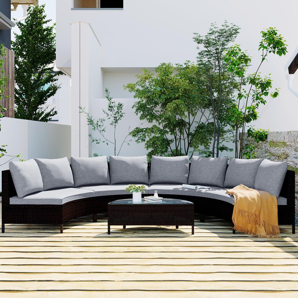 HOMLUX 5 Pieces All-Weather Brown PE Rattan Wicker Sofa Set in Grey, , large