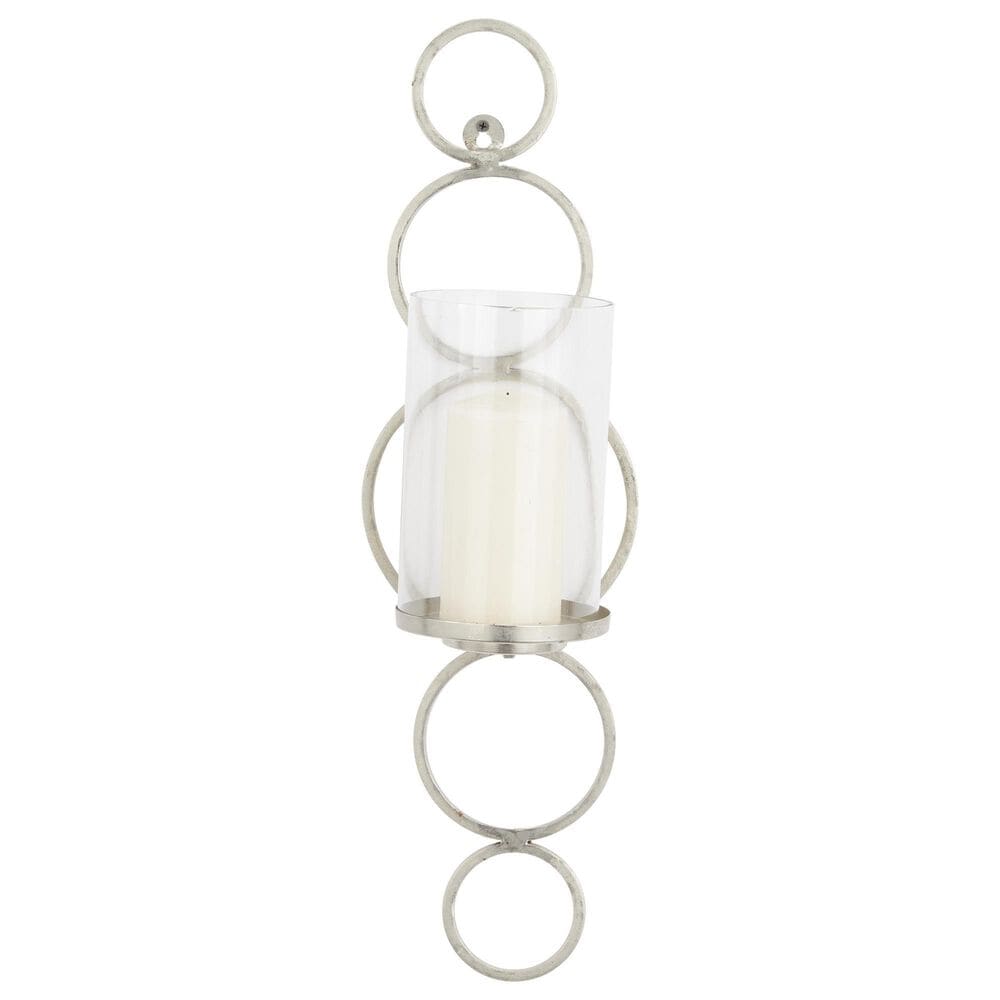 Maple and Jade 25&quot; Stacked Circle Single Indoor/Outdoor Wall Mount Candle Holder in Weathered Silver and Clear, , large