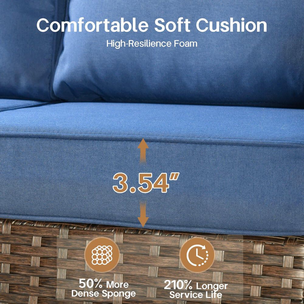 HOMLUX 6-Piece Patio Conversation Set with Loveseat and Light Brown Wicker in Navy Blue, , large