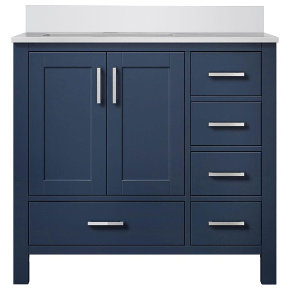 Lexora Home Jacques 36" Left Offset Single Bathroom Vanity in Navy Blue with 2 cm White Cultured Marble Top and Rectangular Sink, , large