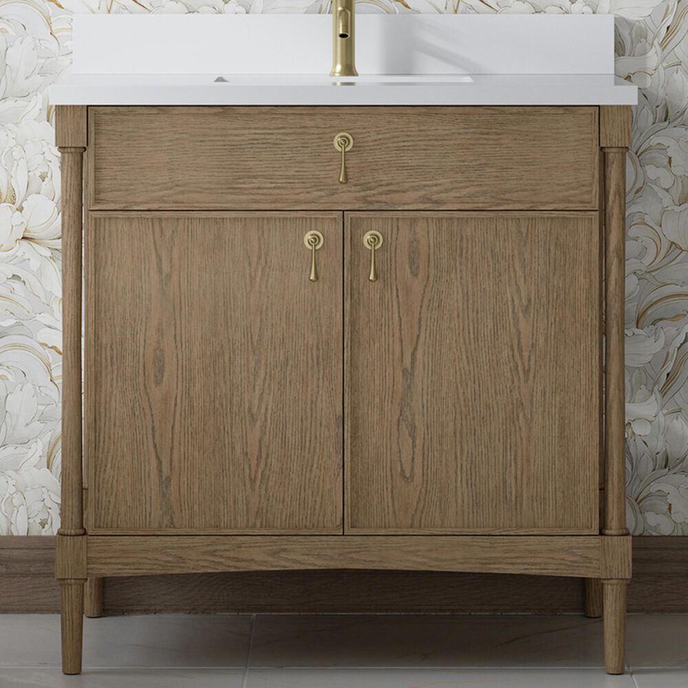 James Martin Kinnsden 36" Single Bathroom Vanity in Weathered Oak with Single Hole 3 cm White Zeus Silestone Top and Rectangular Sink, , large