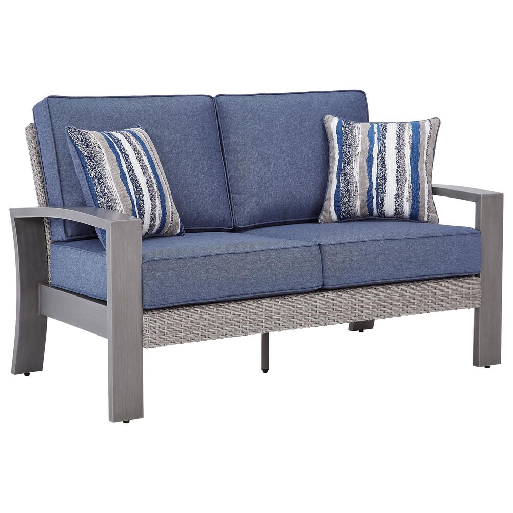 Ashley Half Moon Beach Stationary Loveseat with Blue Cushions in Gray, , large