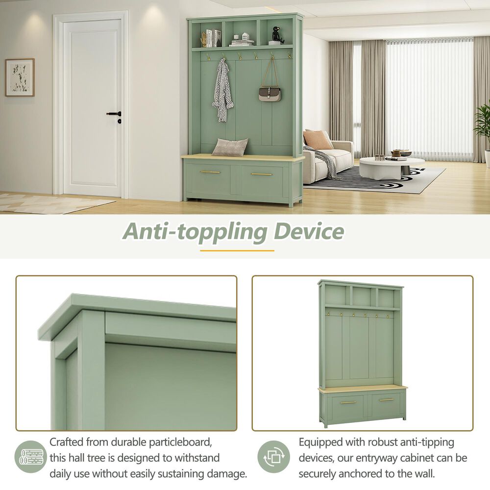 HOMLUX 6-Hook Hall Tree with 2-Drawer in Green, , large