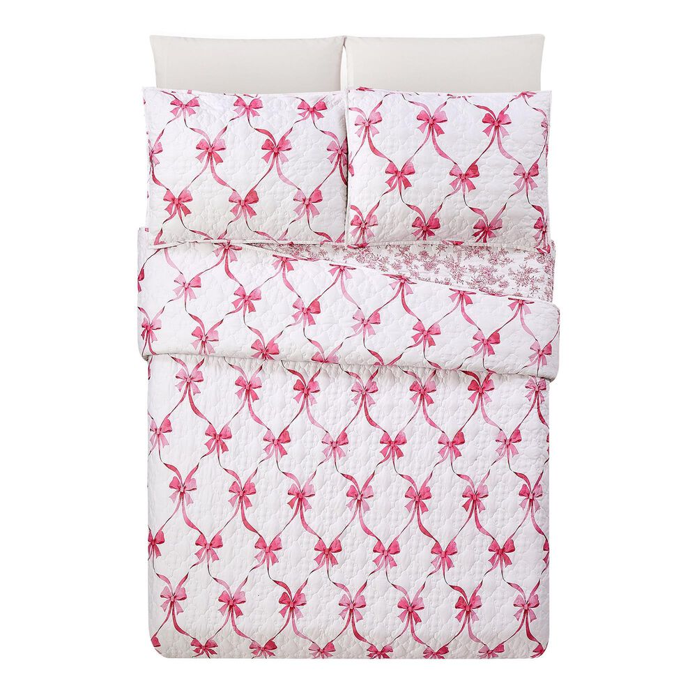 Peking Handicraft Abigail 2-Piece Bow Twin Quilt Set in Pink and White, , large