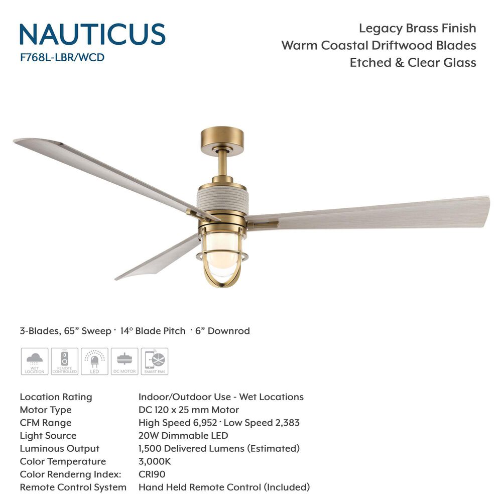 Minka-Aire Nauticus 65" Smart Indoor/Outdoor Ceiling Fan with Warm Coastal Driftwood Blades in Legacy Brass, , large