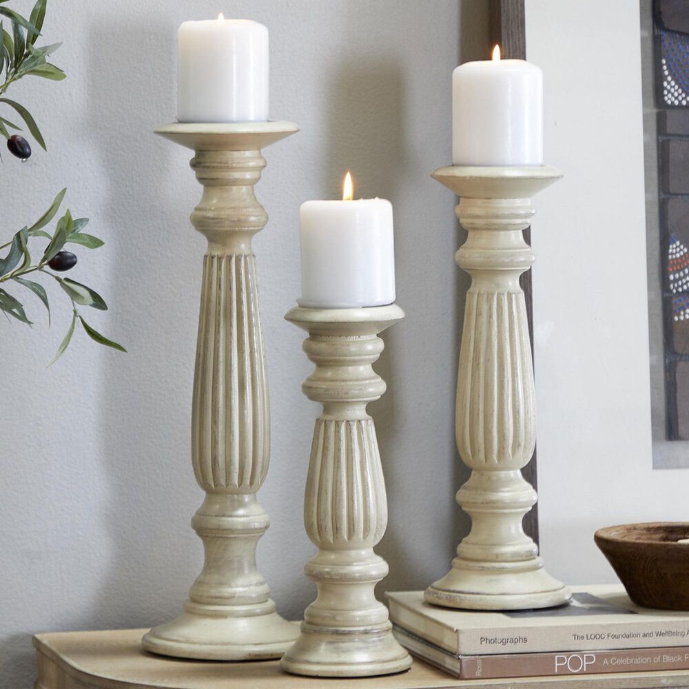 Maple and Jade 12&quot;, 15&quot;, 18&quot; Distressed Turned Pillar Decorative Candle Holder in Beige &#40;Set of 3&#41;, , large