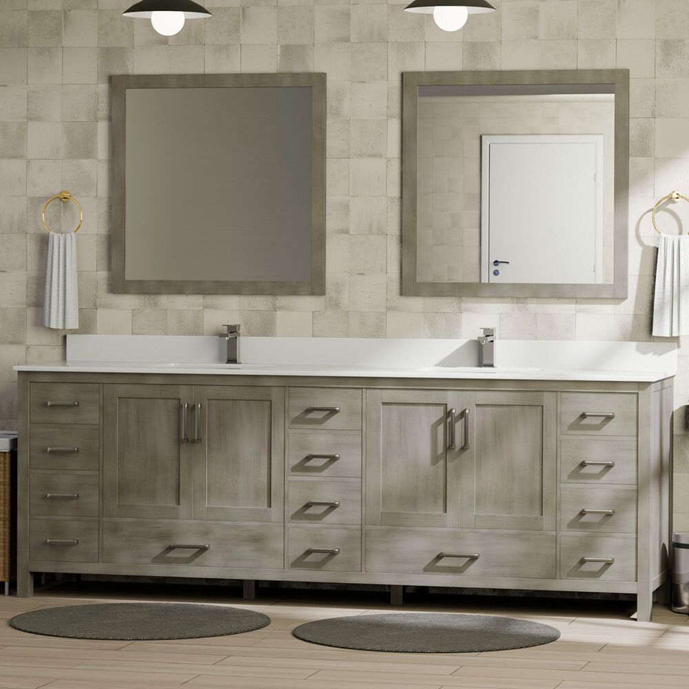 Lexora Home Jacques 84&quot; Double Bathroom Vanity in Distressed Grey with 2 cm White Quartz Top and Rectangular Sinks, , large