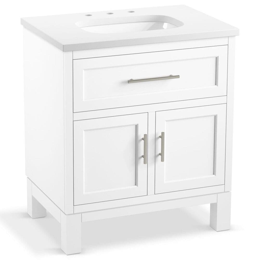 Kohler Quo 30" Single Bathroom Vanity in White with 3 cm Pure White Quartz Top and Oval Sink, , large