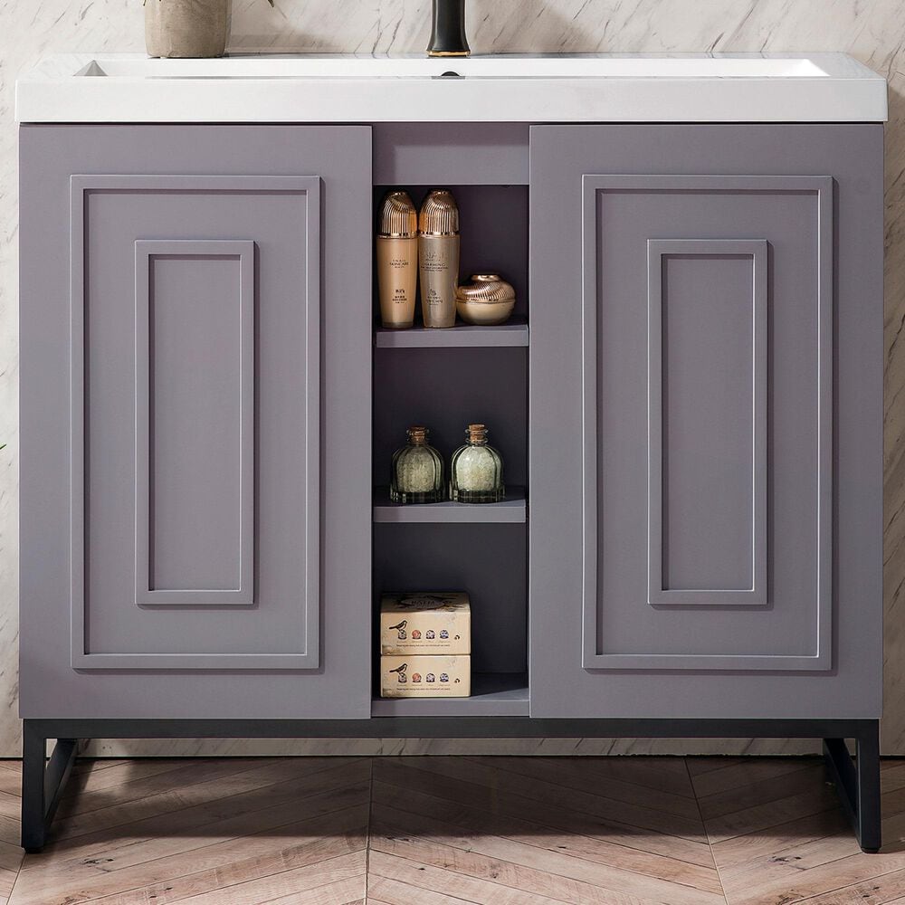 James Martin Vanities Alicante 39.5" Single Bathroom Vanity in Grey Smoke and Matte Black with 5 cm White Glossy Resin Top and Rectangular Sink, , large