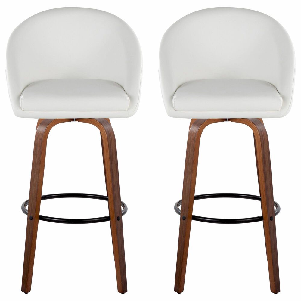 LumiSource Matisse 30" Swivel Barstool with White Faux Leather Upholstery in Walnut and Black (Set of 2), , large