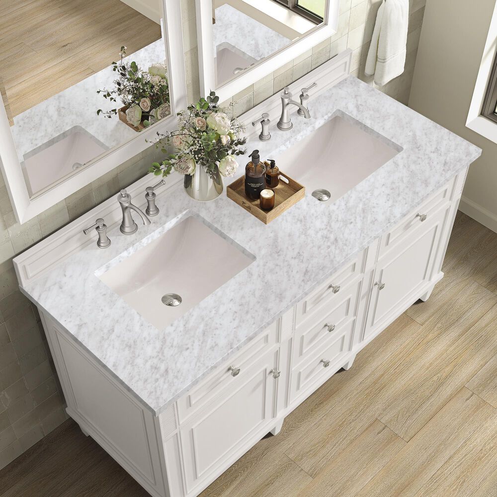 James Martin Vanities Lorelai 60&quot; Double Vanity in Bright White with 3 cm Carrara White Marble Top, , large