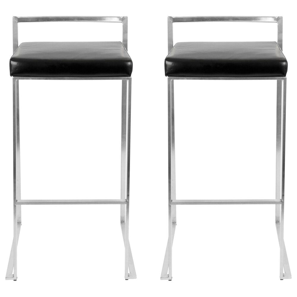 Lumisource Fuji Stackable Barstool with Black Faux Leather in Brushed Stainless Steel &#40;Set of 2&#41;, , large