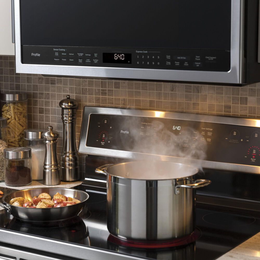 GE Profile 2-Piece Kitchen Package with 30" Smart Slide-In Electric Range and Over-the-Range Sensor Microwave Oven in Stainless Steel, , large