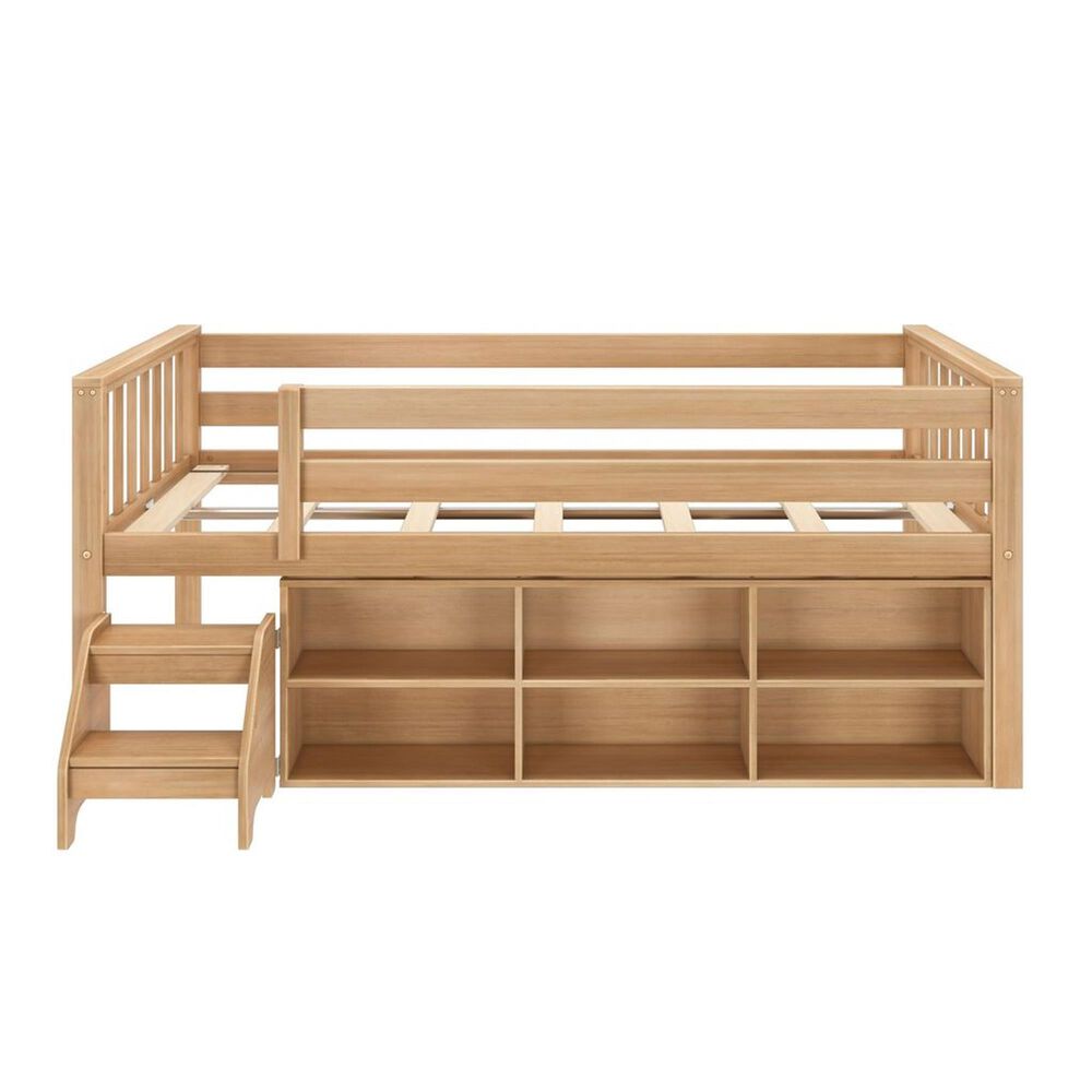 Birch Hollow Scandinavian Twin Low Loft Bed with Bookcase and Stepstool in Blonde, , large