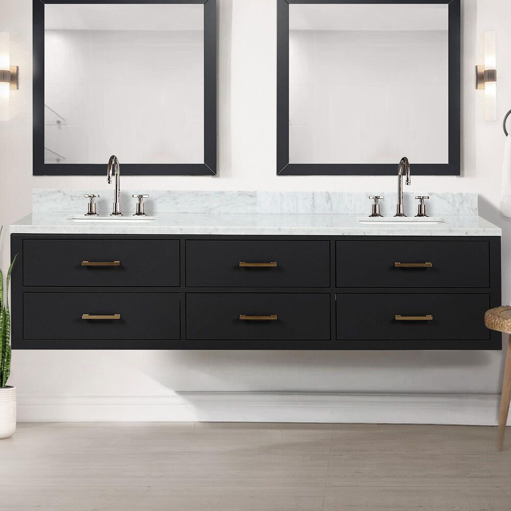 Lexora Home Castor 80" Double Bathroom Vanity in Black with 2 cm White Carrara Marble Top and Rectangular Sinks, , large