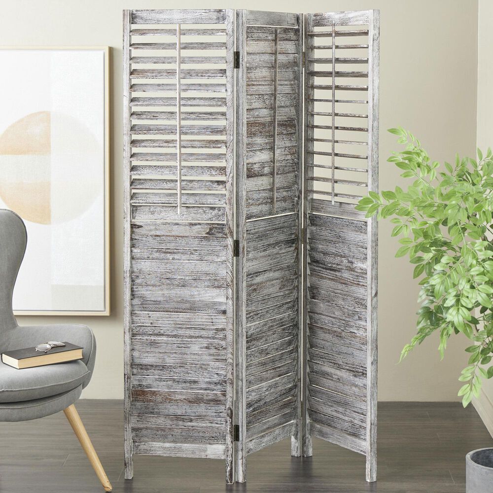 Maple and Jade 3-Panel Shutter Top Partition Room Divider Screen in Washed Gray and Brown, , large
