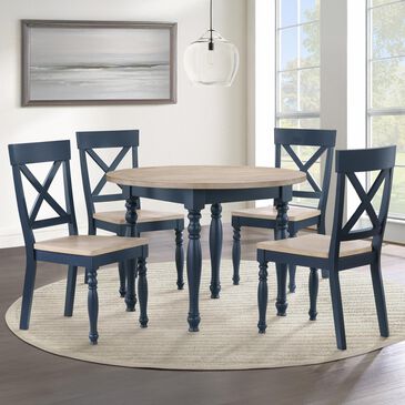 Steve Silver Darcy Round Dining Table and 4 Dining Side Chairs in Natural and Blue, , large