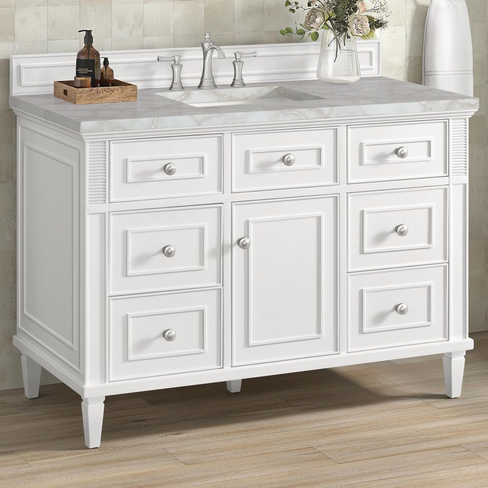 James Martin Vanities Lorelai 48" Single Bathroom Vanity in Bright White with 3 cm Eternal Jasmine Pearl Silestone Top, Rectangular Sink and FreePower Wireless Charger, , large
