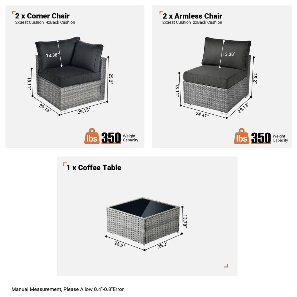 HOMLUX 5-Piece Patio Conversation Set with Grey Wicker in Black, , large