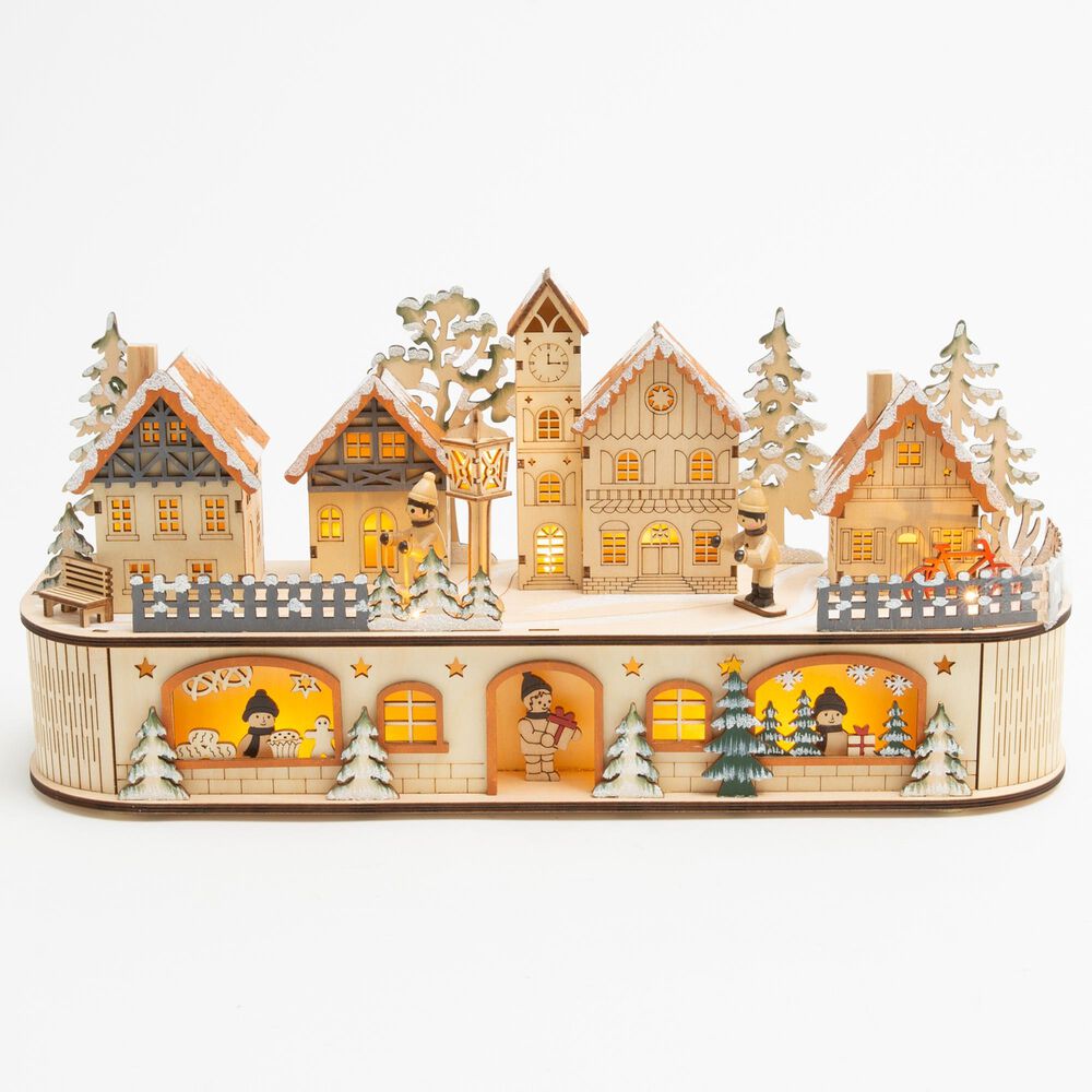 The Gerson Company Lighted Laser Cut Wood Holiday Village Scene in Tan, , large