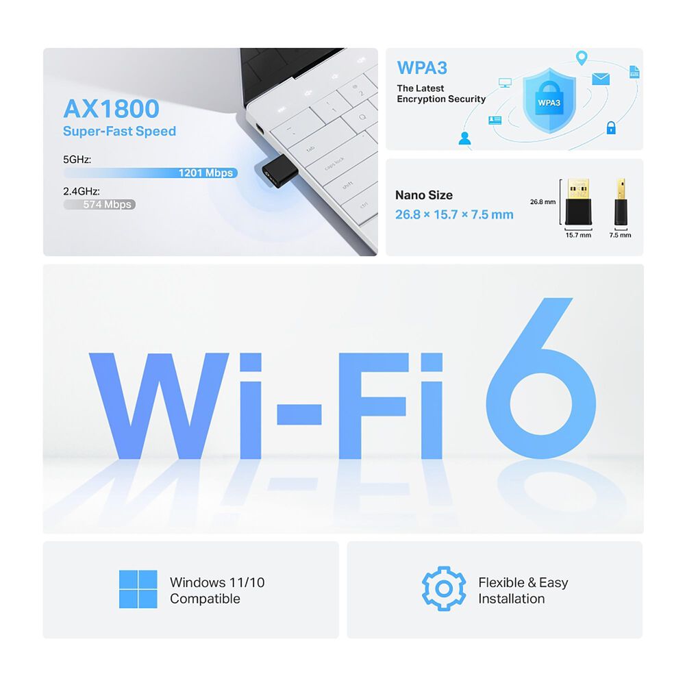 TP-Link AX1800 Nano Wi-Fi 6 Wireless USB Adapter in Black, , large