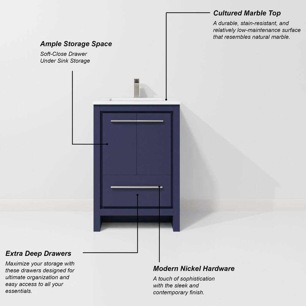 Lexora Home Lafarre 24&quot; Single Bathroom Vanity in Navy Blue with 2 cm White Cultured Marble Top and Rectangular Sink, , large