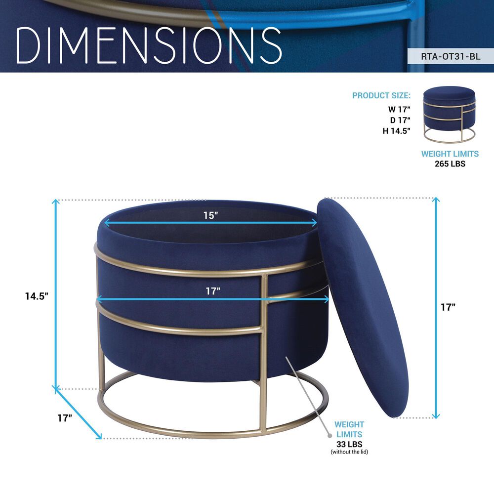 Rta Products Elegant Storage Ottoman with Gold Frame in Blue, , large