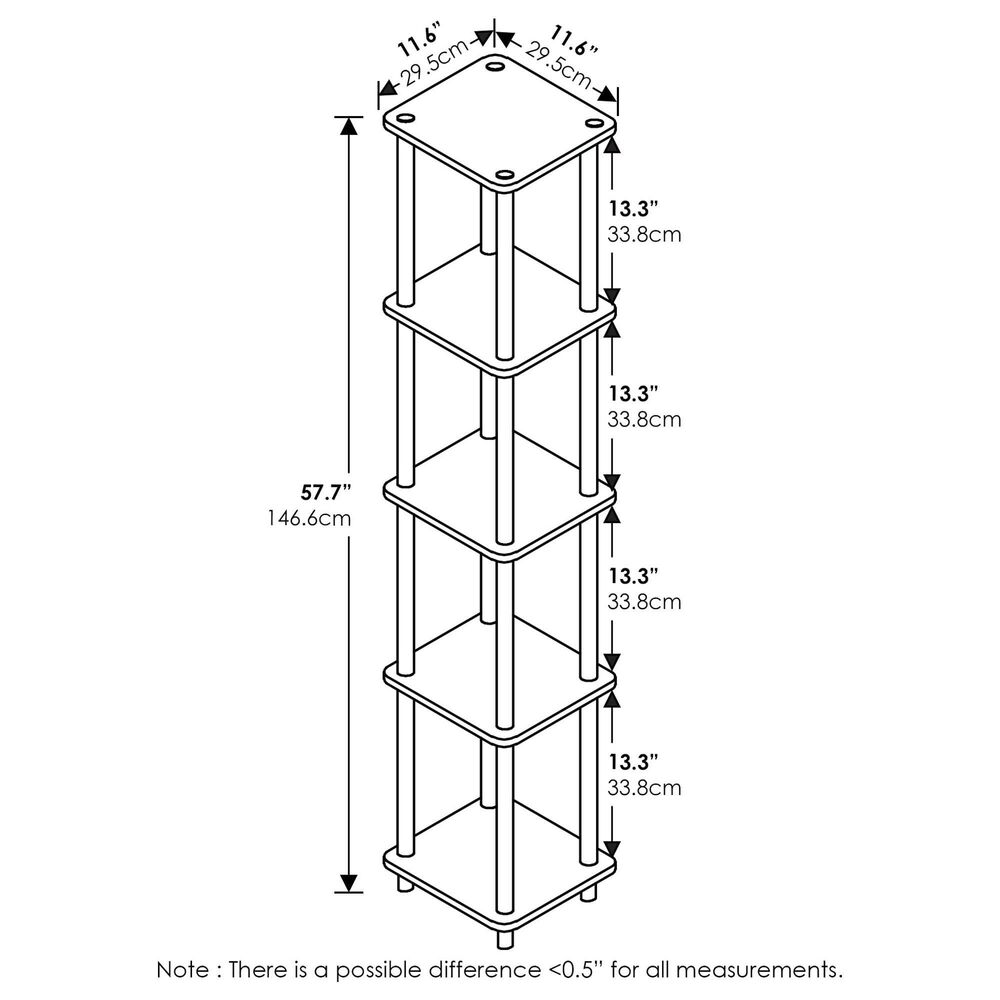 HOMLUX Turn-N-Tube 5-Tier Corner Square Display Bookshelf in French Oak and Black, , large