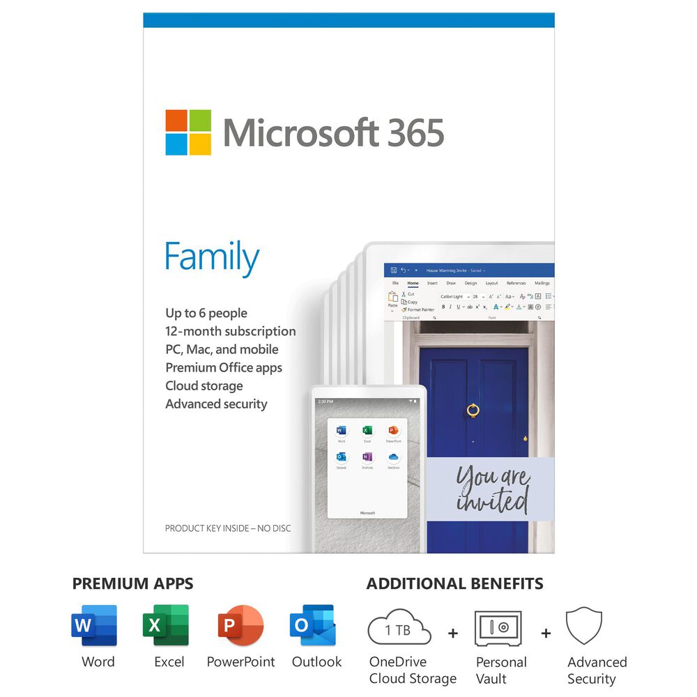 Microsoft 365 Family (12 Month Subscription)(Up to 6 People) Digital Code for Android, Chrome, Mac, Windows and iOS, , large