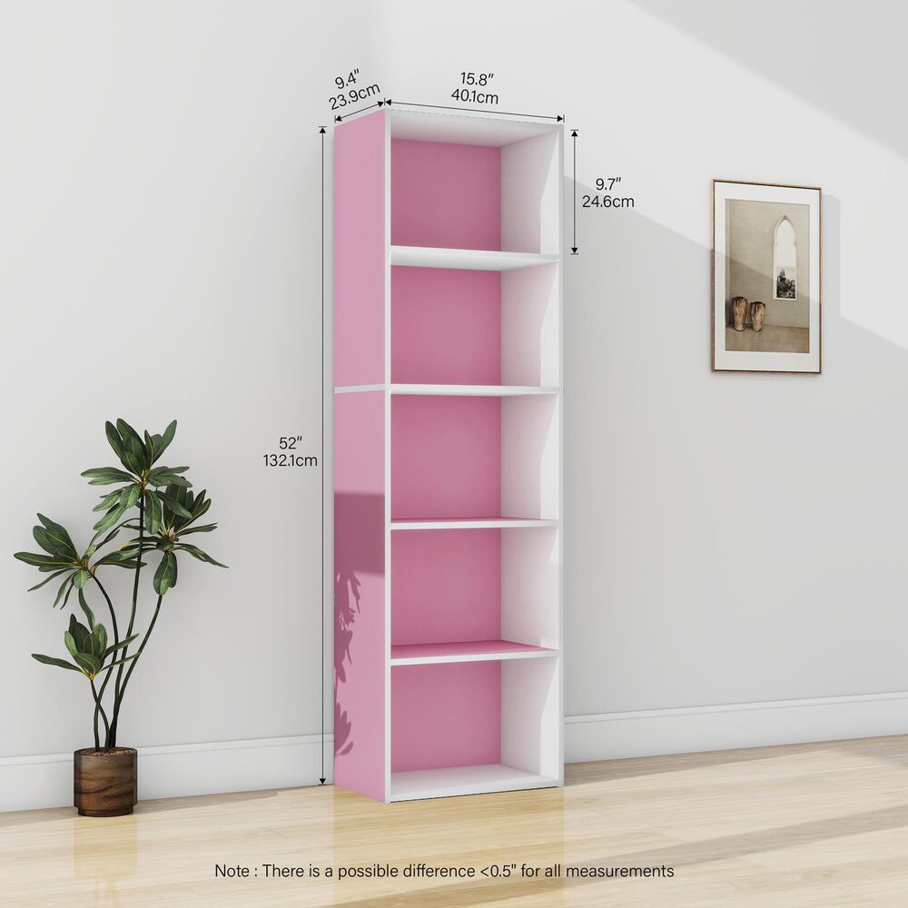 HOMLUX 5-Tier Reversible Bookshelf with Decorative Open Shelves in White and Pink, , large