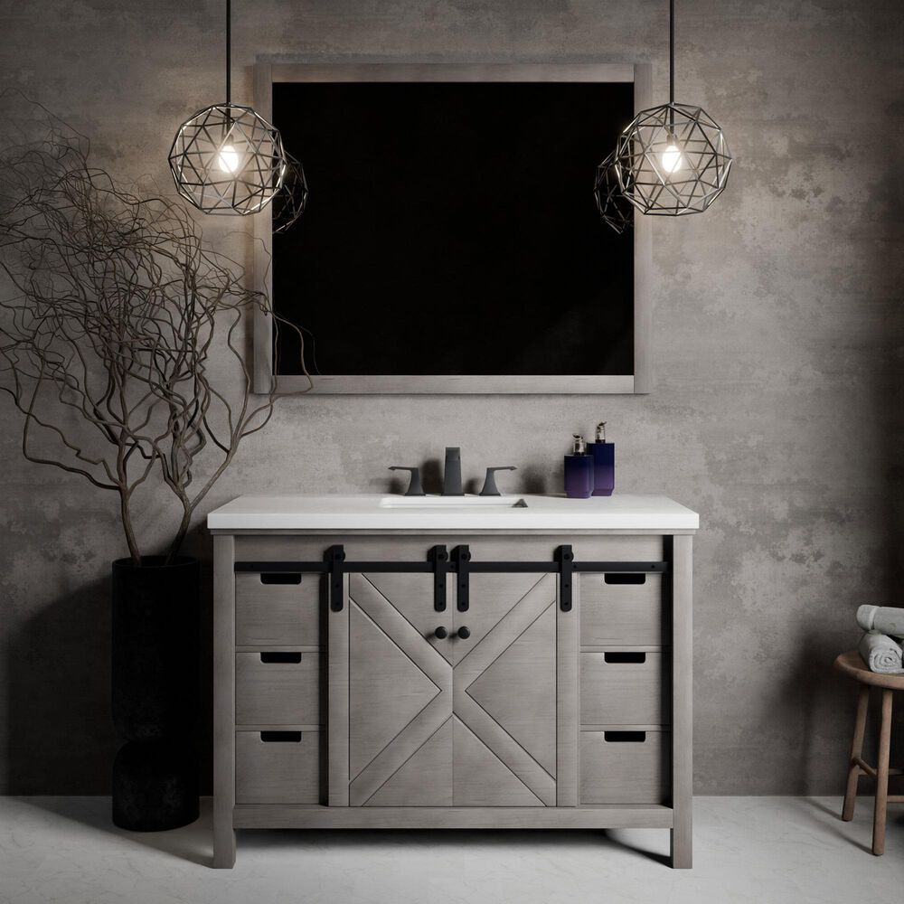 Lexora Home Marsyas 48" Single Bathroom Vanity in Ash Grey with White Quartz Top and Rectangular Sink, , large
