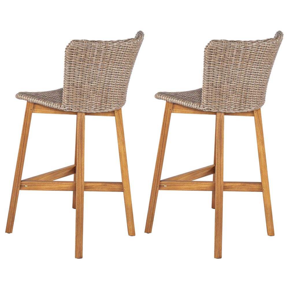 Hearth and Haven Lymington Outdoor Wicker Barstool with Teak Frame in Light Brown (Set of 2), , large