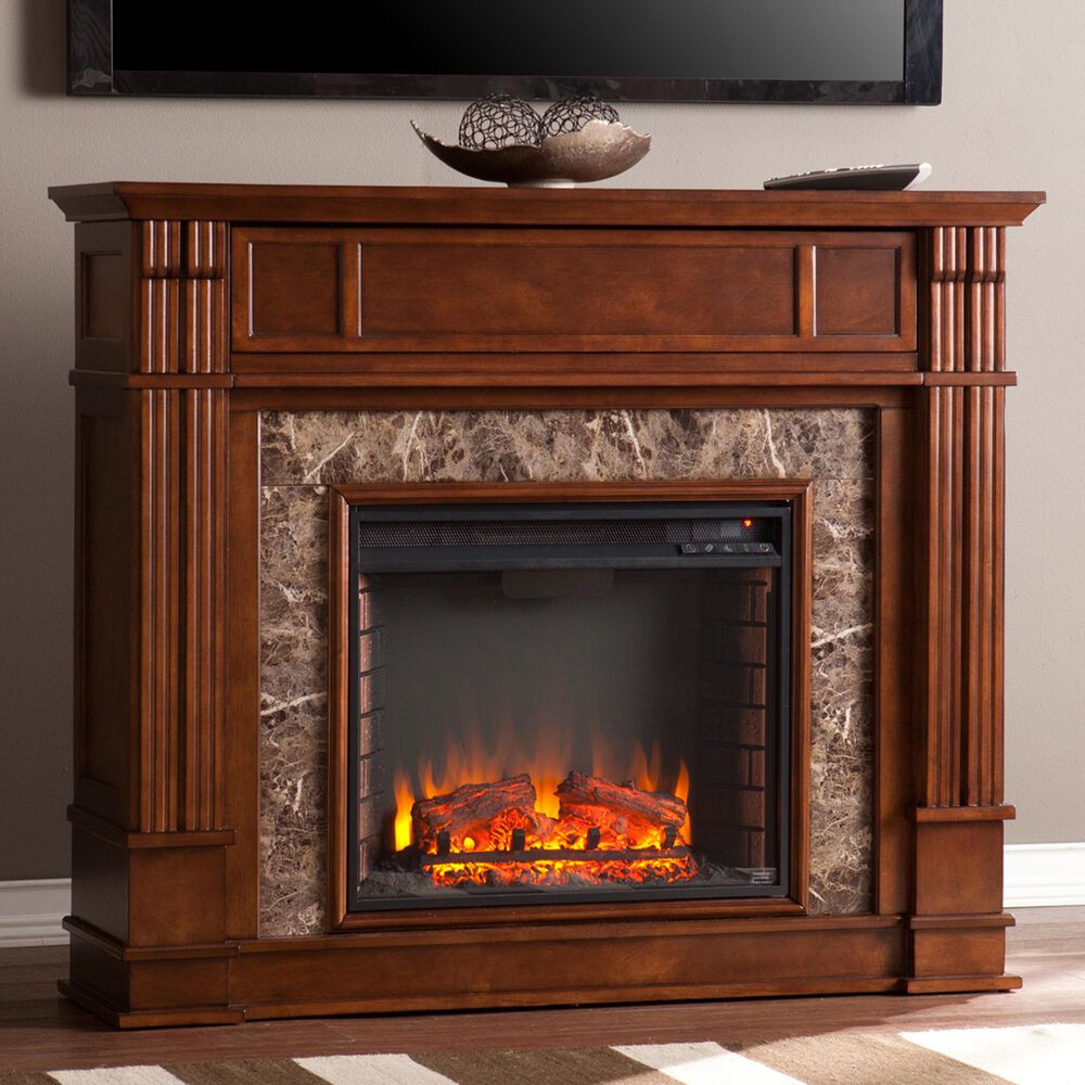 Southern Enterprises Gadia Electric Media Fireplace in Whiskey  Maple/Chocolate Brown Granite | NFM
